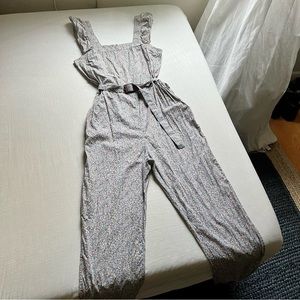 A.P.C. Off white ditsy vintage floral cotton ruffle cropped overall jumpsuit